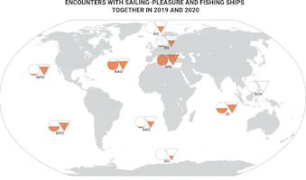 World map of encounters between Argo floats and sailing-pleasure and fishing ships in 2019 and 2020